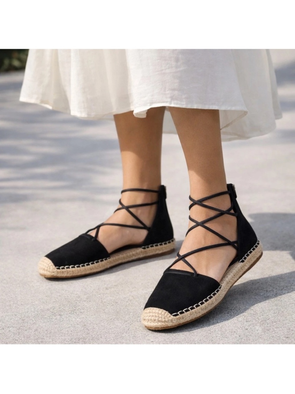 Eileen Fisher Black Suede Lace-Up Espadrille Flats Women’s 7.5